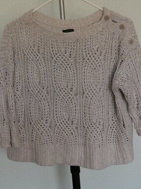 Ann Taylor Wool Blend Open Knit Cable Sweater Button Shoulder 3/4 Sleeve Cream S